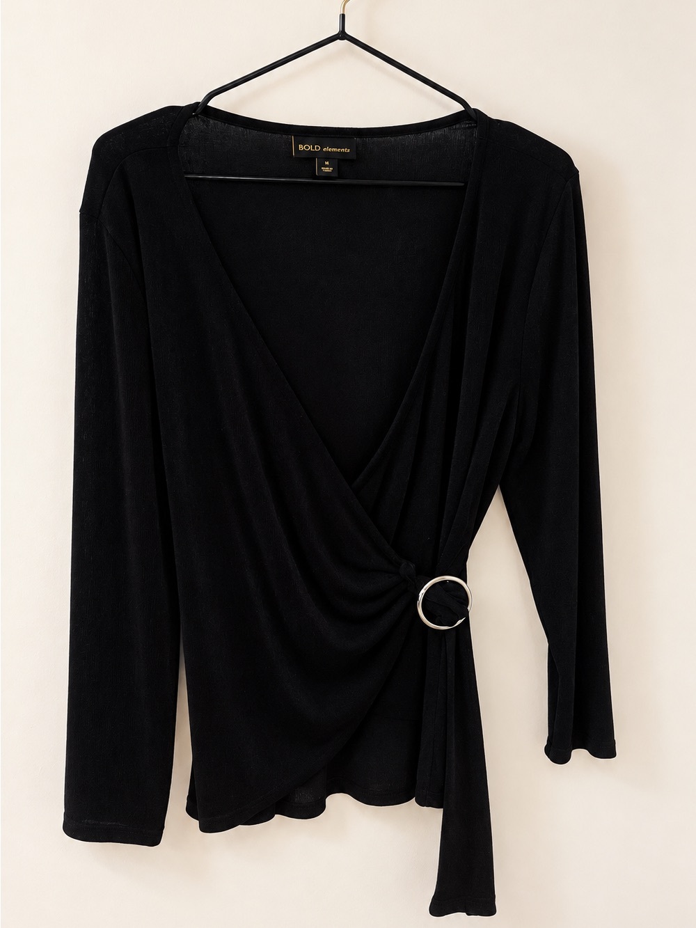 BOLD elements Black Long-Sleeve Wrap Top with Silver Ring
